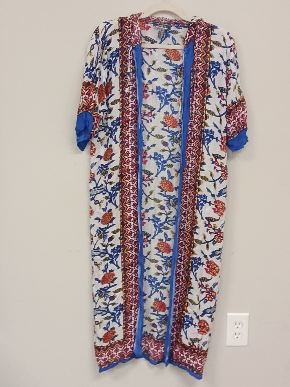 Uniti Casual Blue White Floral Lightweight Boho Swim Coverup Kimono Duster OS